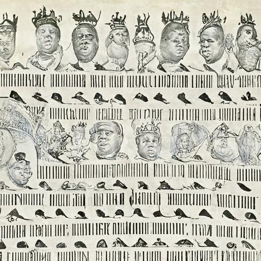 king biggie Smalls, mics, tapes, money, crown, trumpeting cherubs, doves, eccentric maximalist illustration, 1970s, line art