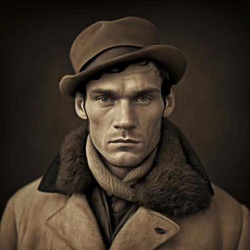 Daguerreotype, Sepia, 1920s, Portrait, Realistic, Cold, Ugly, Clothes, Antarctic, Man, German, 20 years, Small, Thin, Dark, Mysterious, Criminal, Electrician, Peacoat, Hat, Looking away