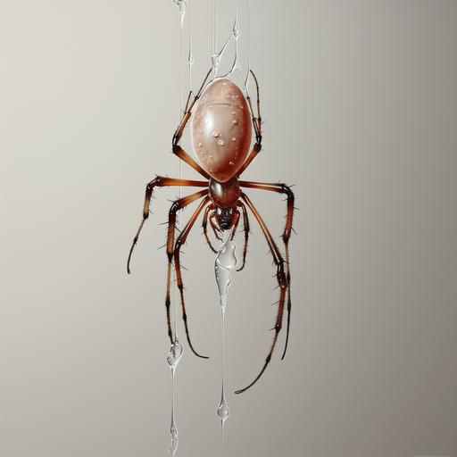 Dainty Spider hanging from a drippy web, hyperrealism, contrast, delicate legs, side view