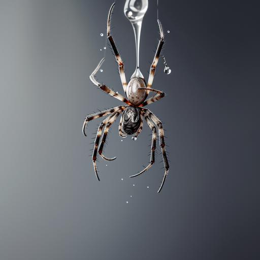 Dainty Spider hanging from a drippy web, hyperrealism, contrast, delicate legs, side view