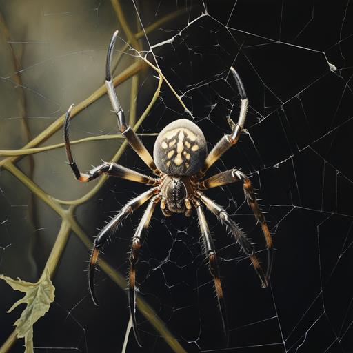 Dainty Spider, hanging from a web, hyperrealism, contrast, delicate