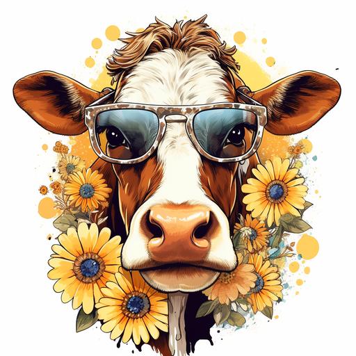 Dairy Cow & Glasses Clipart Cow Spring sunlowers Farm Cow Graphic Illustration Print Funny Cow