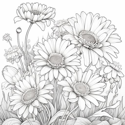 Daisy field with blooms, Coloring book page, lovely floral background, isolated object, thick bold black lines, fit on the page, vibrant flowers, delicate petals and thorns, strong stems, --no fill,