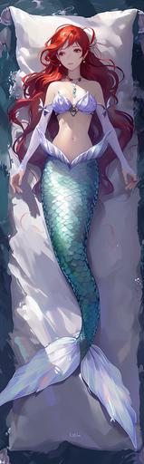 Dakimakura pillow full body shot picture of a mermaid color purple and red hair style art isometric Anime --ar 50:160 --v 6.0