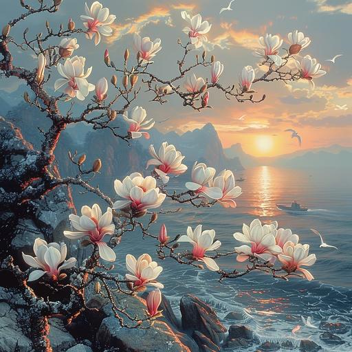 Dali surrealist painting of magnolia branch blooming white and pink flowers in a Norwegian Fiordland, swirled of mist create wavy patterns, steep rocks, sunrise on the horizon line, fishing boats in the background with seagulls flying above, bright colors, sunrise tones, and Rembrandt lighting. surrealist nature poster--ar 31:16 --stylize 1000 --v 6.0