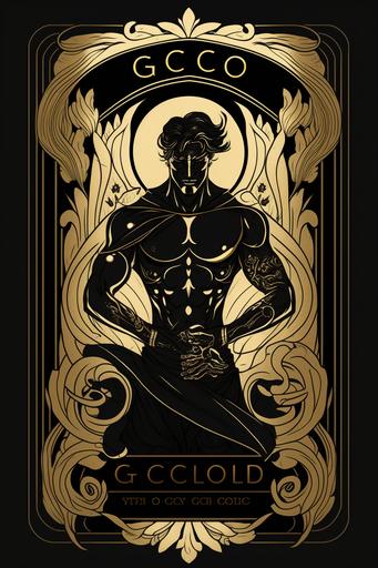 god of good luck tarot card, black and gold, elegant --ar 2:3