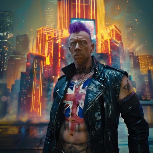 Damian Lewis as a chav, terrorising an alternate universe times square. He has Stephen Spielberg style, His face has no tattoos. Black leather suit showing chest. He has a Union Jack tattooed over his chest and abs. He is showing telepathic powers with sound waves. He has large red scars on his chest. We can see his abs. He has purple hair. Horror influences. In the background is a burning city. chaos in the background. Cinematic, No text. Directed by Stephen Spielberg. Janusz Kamiński and Christopher Doyle Cinematography and composition. Bright, nostalgic lens, insane detail, intricate detail, Muted colours, Depth of Field, natural light, Photorealistic --style raw --v 6.0 --ar 1:1