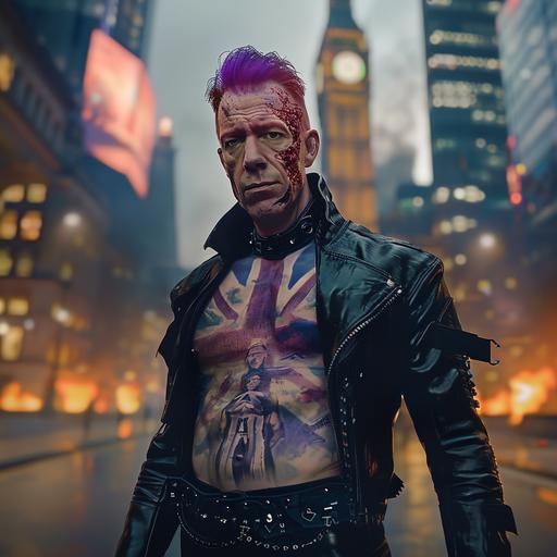 Damian Lewis as a chav, terrorising an alternate universe times square. He has Stephen Spielberg style, His face has no tattoos. Black leather suit showing chest. He has a Union Jack tattooed over his chest and abs. He is showing telepathic powers with sound waves. He has large red scars on his chest. We can see his abs. He has purple hair. Horror influences. In the background is a burning city. chaos in the background. Cinematic, No text. Directed by Stephen Spielberg. Janusz Kamiński and Christopher Doyle Cinematography and composition. Bright, nostalgic lens, insane detail, intricate detail, Muted colours, Depth of Field, natural light, Photorealistic, Extremely naturalistic --style raw --v 6.0
