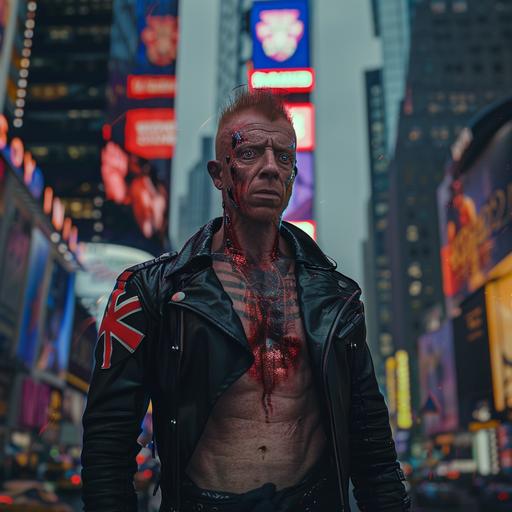 Damian Lewis as a chav, terrorising an alternate universe times square. He has Stephen Spielberg style, His face has no tattoos. Black leather suit showing chest. He has a Union Jack tattooed over his chest and abs. Lean and muscular. He is showing telepathic powers with sound waves. He has large red scars on his chest. We can see his abs. He has purple hair. Horror influences. In the background is a burning city. The city is filled with art deco architecture. chaos in the background. Cinematic, No text. Directed by Stephen Spielberg. Janusz Kamiński and Christopher Doyle Cinematography and composition. Bright, nostalgic lens, insane detail, intricate detail, Muted colours, Depth of Field, natural light, Photorealistic, Extremely naturalistic --style raw --v 6.0