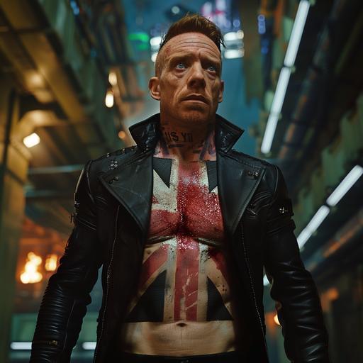 Damian Lewis as a chav, terrorising an art deco metropolis. He has Stephen Spielberg style, His face has no tattoos. Black leather suit showing chest. He has a Union Jack tattooed over his chest and abs. Lean and muscular. He is showing telepathic powers with sound waves. He has large red scars on his chest. We can see his abs. He has purple hair. Horror influences. In the background is a burning city. The city is filled with art deco architecture. chaos in the background. Cinematic, No text. Directed by Stephen Spielberg. Janusz Kamiński and Christopher Doyle Cinematography and composition. Bright, nostalgic lens, insane detail, intricate detail, Muted colours, Depth of Field, natural light, Photorealistic, Extremely naturalistic --style raw --v 6.0