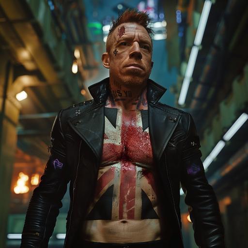 Damian Lewis as a chav, terrorising an art deco metropolis. He has Stephen Spielberg style, His face has no tattoos. Black leather suit showing chest. He has a Union Jack tattooed over his chest and abs. Lean and muscular. He is showing telepathic powers with sound waves. He has large red scars on his chest. We can see his abs. He has purple hair. Horror influences. In the background is a burning city. The city is filled with art deco architecture. chaos in the background. Cinematic, No text. Directed by Stephen Spielberg. Janusz Kamiński and Christopher Doyle Cinematography and composition. Bright, nostalgic lens, insane detail, intricate detail, Muted colours, Depth of Field, natural light, Photorealistic, Extremely naturalistic --style raw --v 6.0