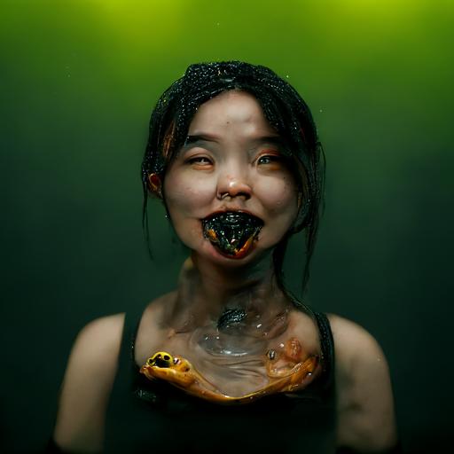 portrait of asian girl with a turtle in mouth dripping black oil, ultrarealiatic octane render, no dof, cinematic light