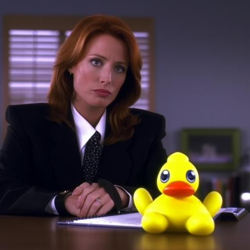 Dana Scully from The X-Files has been transformed into a trendy rubber duck in this week's new episode, on Fox at 9:00 p.m. 8:00 p.m. Central, television still, 1990s TV