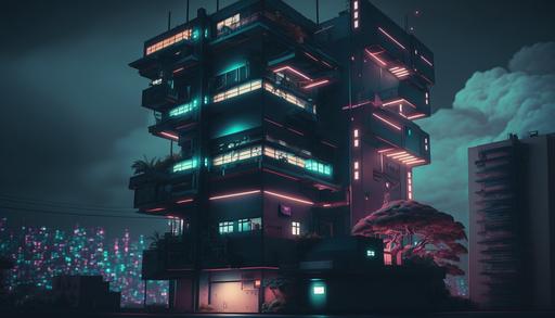 Cyberpunk designer futuristic Japanese styled apartment buildings , whole city block, neon signs,night time dark clouds night time environment, modern, high tech design, dynamic lighting, photorealistic, 8k,--testp --ar 16:9