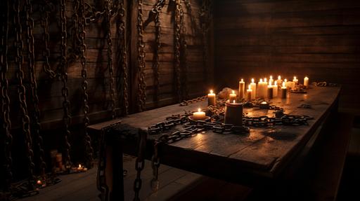 a hyper realistic dark dongeon environment with chains on the walls a wood table with chains on it, lit by candles Erie, Photo realistic,--testp --ar 16:9 --v 5 --s 250