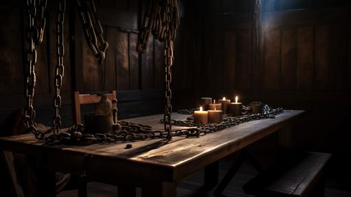 hyper realistic dark dongeon environment with chains on the walls a wood table with chains on it,a wooden stocks to hold a prisoner, lit by candles Erie, Photo realistic,--testp --ar 16:9 --v 5 --s 250