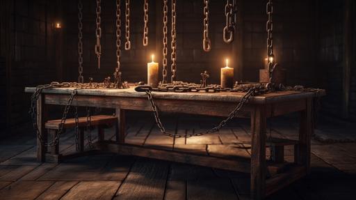 hyper realistic dark dongeon environment with chains on the walls a wood table with chains on it,a wooden stocks to hold a prisoner, lit by candles Erie, Photo realistic,--testp --ar 16:9 --v 5 --s 250