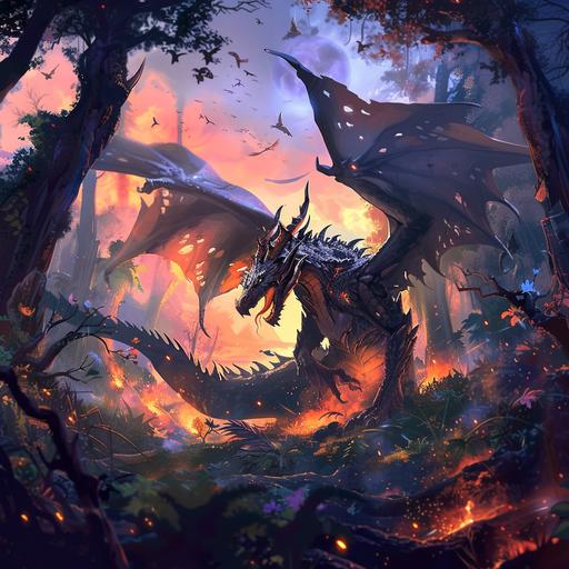 Dangerous dragon fighting in the Forbidden Forest, cartoon, 4k