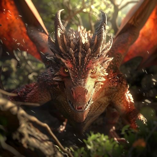 Dangerous dragon fighting in the Forbidden Forest, looking straight at the camera,cartoon, 4k
