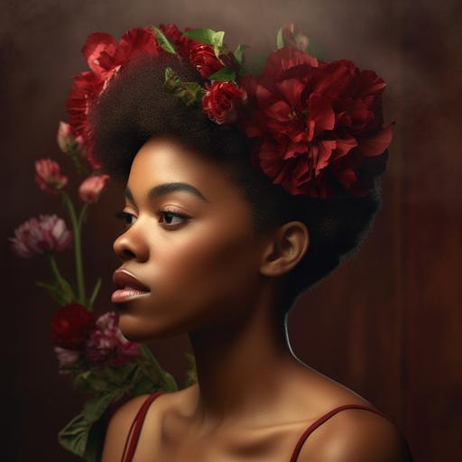create photorealistic portrait, young black woman with short textured hair wearing a royal crown, burgandy lipstick, studio lighting, surrounded by realistic alstromeria flowers in shades of red, --v 5
