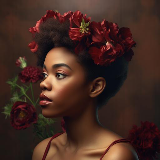 create photorealistic portrait, young black woman with short textured hair wearing a royal crown, burgandy lipstick, studio lighting, surrounded by realistic alstromeria flowers in shades of red, --v 5