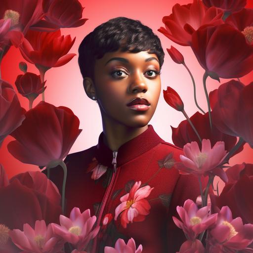 create photorealistic portrait, young black woman with short textured hair, burgandy lipstick, studio lighting, surrounded by realistic alstromeria flowers in shades of red --v 5