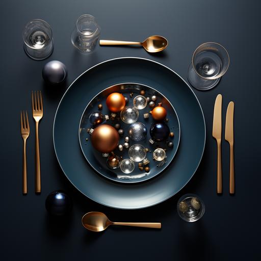Dark blue background, lit in the studio with a light from the top. A table with a plate, filled with perfectly round glass balls. The balls vary in colours: transparent, transparent white, transparent orange and transparent dark blue. The glass balls are on the plate, as if it was a christmas meal. Multiple matte goldplated knives, forks and spoons lie next to the plate, perfectly neat dressing the table. Candles are burning, you can feel the christmas. Sparkles in the background. Hasseblad. Photorealistic.