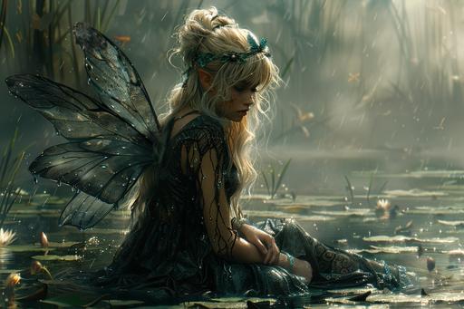 Dark fantasy oil painting of a fairy resembling a hyper-feminine tinkerbell. Seated barefoot in a forest, Her long messy blonde-colored hair tied in a bun has bangs to one side. pixie wings. happy but jealous and freckles scattered across her face and body. Rain. Fog, *mangrove* forest. --ar 3:2 --s 749 --v 6.0