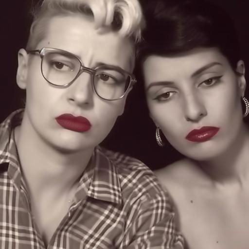 , Dark skinned, over 60, pakistani fat woman, butch lesbian, dressed as 1950 cowgirl librarian, blonde crew cut hair with pointed glasses and betty page fringe, 1950