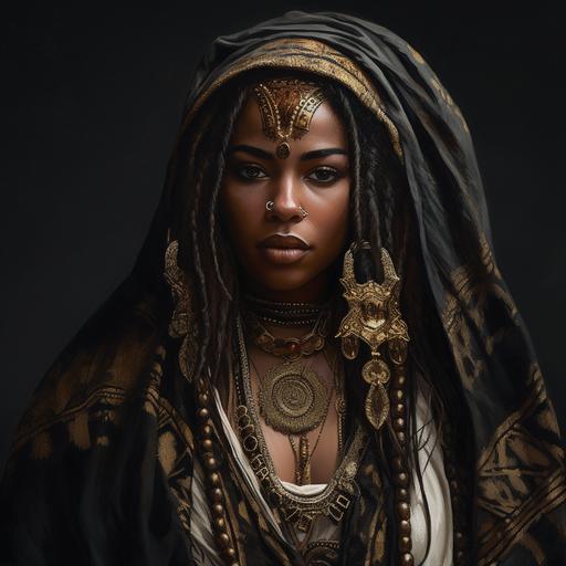 Dark-skinned woman, arab face, long black dreads, arab moon jewelry, face tattoos, leopard cloak, light warrior's clothes, black, gold, oil painting, character, realistic, 16k, --v 5 --s 250