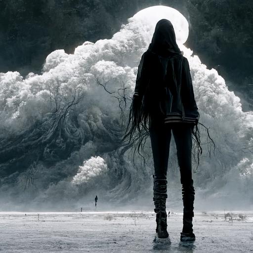 Dark theme, A long hair girl standing on her one right foot , her body tilted 2 o’ clock, her left foot Up and straight line with the body, her both hand straight,her head look down, she stand on the cycle valley ground,with reaper hoodie, chicxulub crater fall to the earth on the sky in background ,all are back and  white except her yellow hoodie,ipad pro wallpaper size