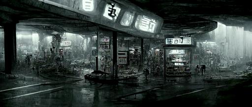 interior cavernous japanese space station exterior small town main street, suburbia, liminal, tech, vines, cables, street lights, stop lights, shopping cart on road, cartoon vending machine, panels, wet, foggy, runic text, lights, lovecraftian human forms, spiral, desaturated, 8K matte, cinema lighting, ashley wood --w 600