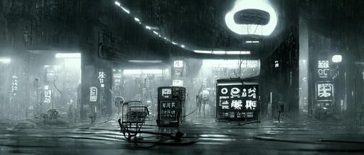 interior cavernous japanese space station exterior small town main street, suburbia, liminal, tech, vines, cables, street lights, stop lights, shopping cart on road, cartoon vending machine, panels, wet, foggy, runic text, lights, lovecraftian human forms, spiral, desaturated, 8K matte trending on artstation, cinema lighting, ashley wood --w 600