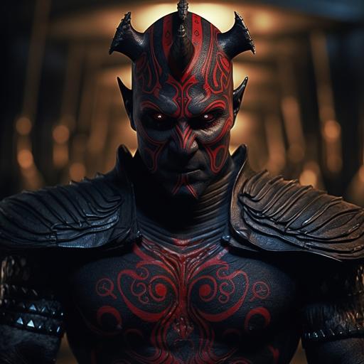Darth Maul as a drow dark elf warrior, hyper detailed black armor, red tattoos, photo realistic, unreal engine, cinematic background