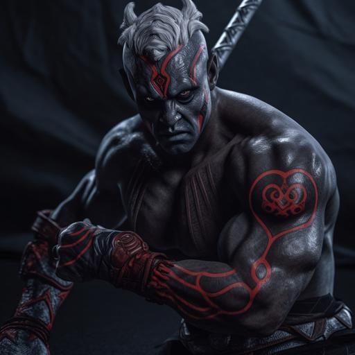 Darth Maul as a drow dark elf warrior, white hair, hyper detailed black armor, red tattoos, muscles, photo realistic, unreal engine, cinematic background