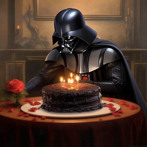 Darth Vader having a romantic moment with a giant pie, candles in the background, love is in the air --v 5.1