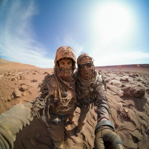 Darvaza gas crater, taking a selfie with gopro, Unsettling Egyptian Mummy --s 750