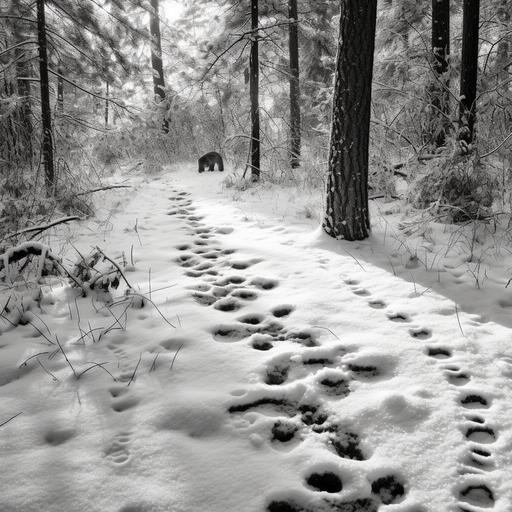 cougar tracks in the snow, low lighting pine woodland camera at eye level --v 5.1