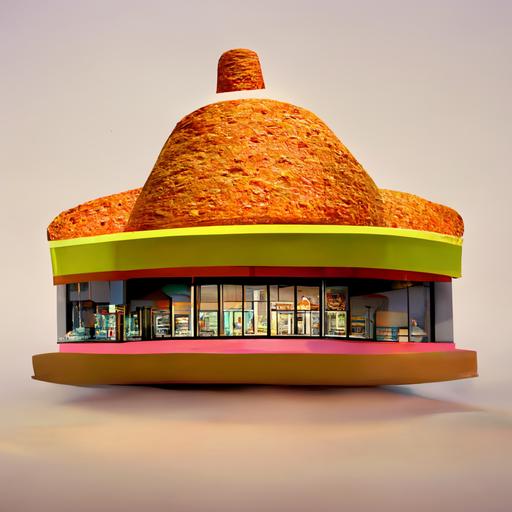 Pixar style 3D model of Taco Bell building, oversized large chunky architectural proportions