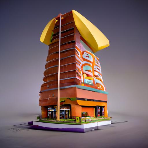 Pixar style 3D model of Taco Bell building, oversized large chunky architectural proportions