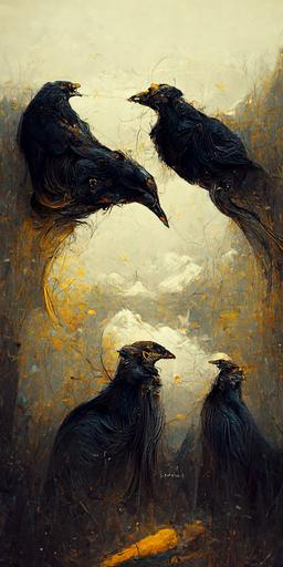 highly detailed portrait of three ravens, in side view::5 black paper::2 tarot card::4 portrait of three ravens by Gustave Dore and Johnny Morant trending on artstation::5 black and gold colours::3 an incredibly vivid watercolor painting::4 symmetry::5 gold lines::4 duotone style::5 fractal::2 norse symbols::3 trending on artstation::5 --h 512