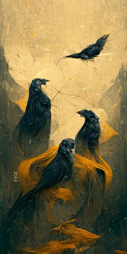highly detailed portrait of three ravens, in side view::5 black paper::2 tarot card::4 portrait of three ravens by Gustave Dore and Johnny Morant trending on artstation::5 black and gold colours::3 an incredibly vivid watercolor painting::4 symmetry::5 gold lines::4 duotone style::5 fractal::2 norse symbols::3 trending on artstation::5 --h 512