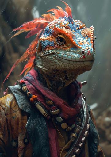 David bowie character with his famous lightning makeup as a anthropomorphic scaled dnd style varanus lizard couple, concept art, cartoonish --ar 5:7 --s 750 --v 6.0