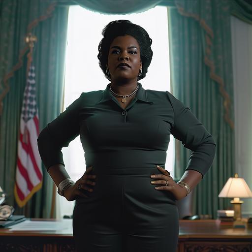 Da'vine joy randolph as Amanda Waller. Full body. A government official, big lady, with a small and short afro, standing in the Oval Office. She is mad. directed by Steven Spielberg. Janusz Kaminski cinematography. ultra realistic, photoshoot, super detailed, full colors, high contrast. 8k --style raw --v 6.0