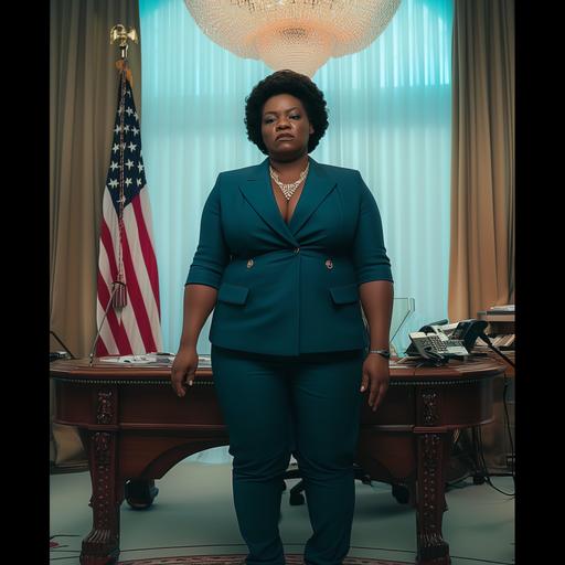 Da'vine joy randolph as Amanda Waller. Full body. A government official, big lady, with a small and short afro, standing in the Oval Office. directed by Steven Spielberg. Janusz Kaminski cinematography. ultra realistic, photoshoot, deep colours, good light. wide angle, vivid colors, photoshoot, super detailed, full colors, ambient occlusion, volumetric lighting, high contrast. 8k --style raw --v 6.0