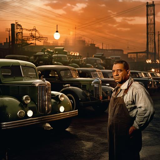 Dawn breaks over a sprawling industrial yard during the 1940s. Large trucks, with their hoods up, are neatly arranged in rows. These aren't just any trucks, but the future vessels of fresh food transportation, thanks to the innovation that's taking place within them. Amid the sounds of welding and clinking tools, Frederick Jones is captured in a moment of deep thought. He's inside one of the trucks, surrounded by coils, pipes, and a half-installed refrigeration unit. The ambient light casts an ethereal glow on his face, emphasizing the determination in his eyes and the sweat on his brow. On a wooden table outside the truck, there are scattered drawings and models of his refrigeration system, showing its evolution from a mere concept to a tangible invention. Next to it, a calendar marked with important dates, perhaps deadlines or test runs, signifies the urgency of his mission. A few workers stand nearby, waiting for his guidance, their expressions a mix of respect and anticipation. To the side, crates filled with fresh fruits and vegetables stand as silent testaments to the groundbreaking change that's about to hit the food industry. In the distance, a paved road stretches towards a far-off city skyline, symbolizing the bridge Jones is creating between rural farms and urban centers. This mid-journey scene captures not just an inventor at work, but a visionary reshaping the way a world eats.