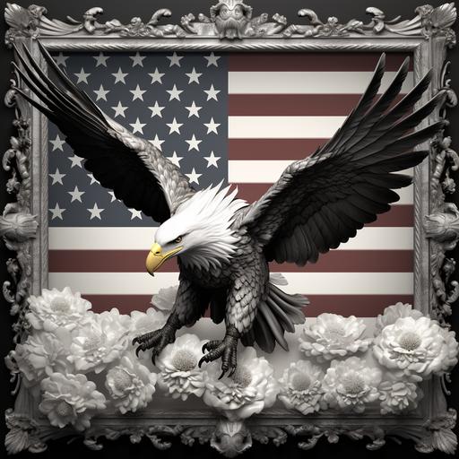 3D grayscale image of a stallion with American eagle flying close overhead with wings spread wide, background grayscale 3d waving American flag, framed in a grayscale 3D floral frame