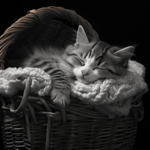 3D grayscale image of cat curled up sleeping in a wicker basket with a fluffy pillow