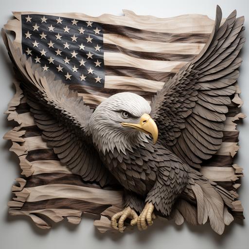 3D grayscale wood carving of an American eagle with a background of an American flag waving, jagged wood stump type frame