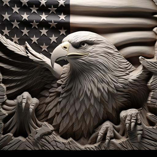 3D grayscale wood carving of an American eagle with a background of an American flag waving, jagged wood stump type frame